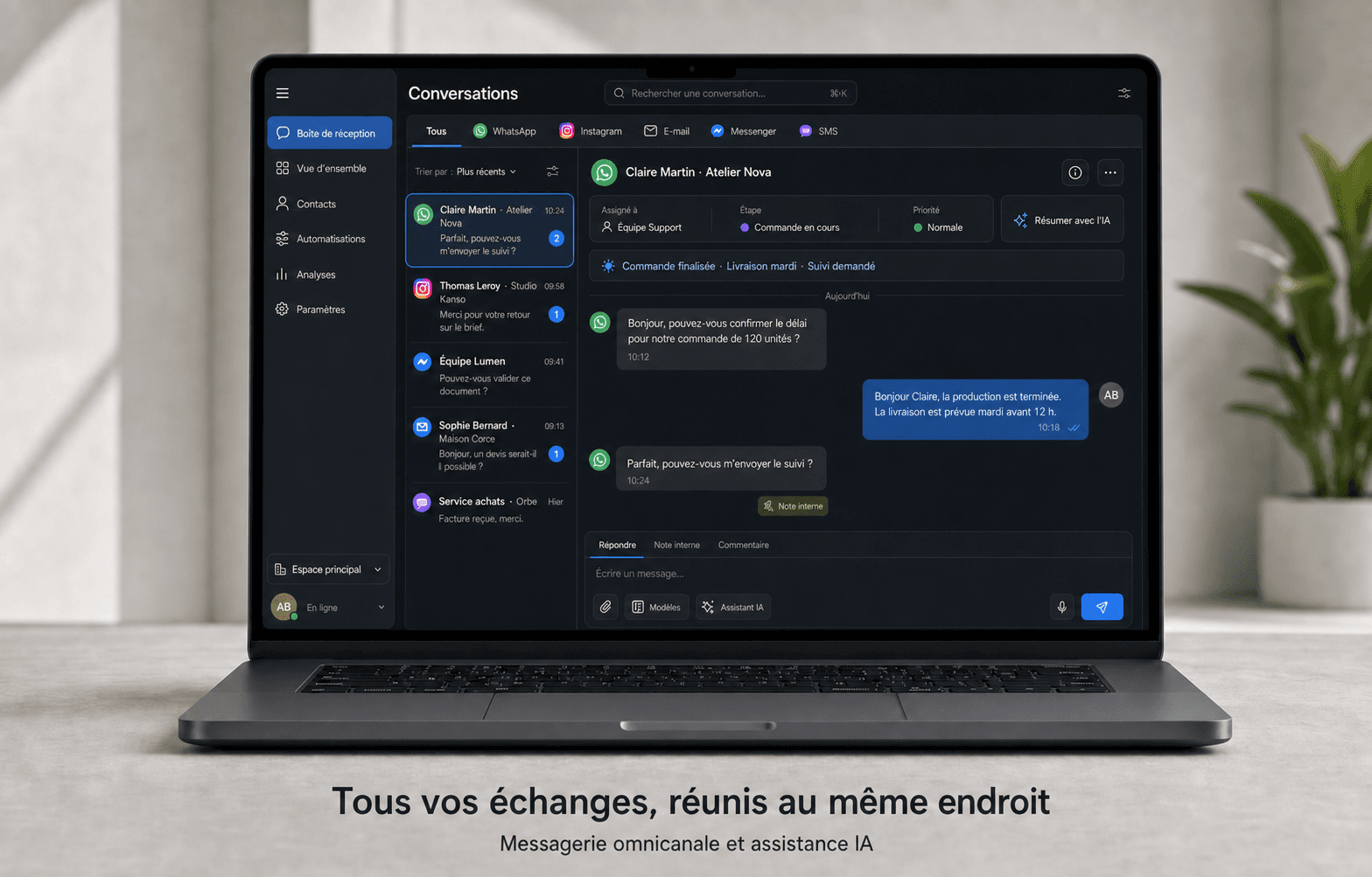 Messagerie omnicanale — tous les canaux réunis dans une seule interface, réponses assistées par IA