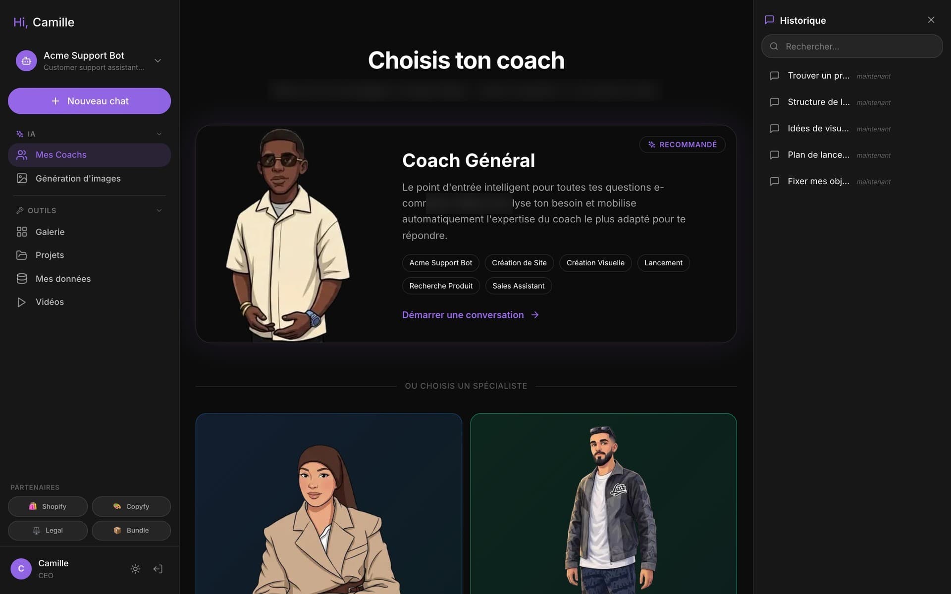 Plateforme de coachs IA : choix du coach, avec un coach général et des coachs spécialistes