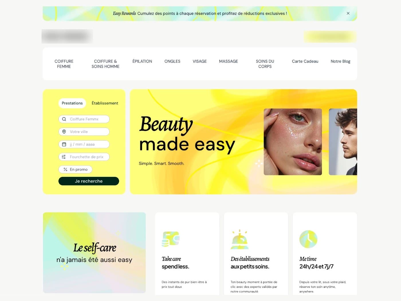 Page d'accueil d'une marketplace de réservation de soins beauté : recherche par prestation, ville, date et prix