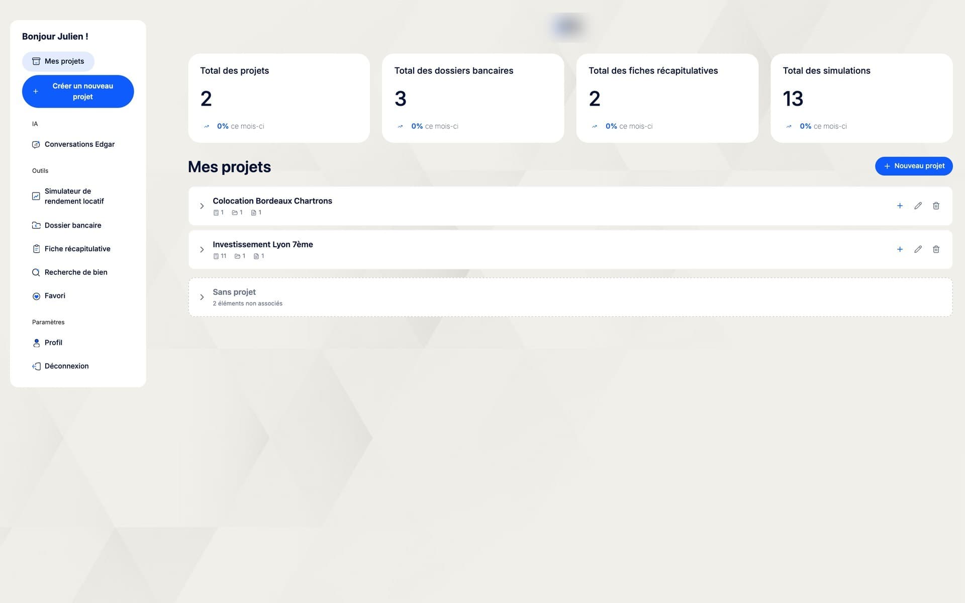 Tableau de bord de l'assistant immobilier : projets d'investissement, dossiers bancaires, fiches récapitulatives et simulations