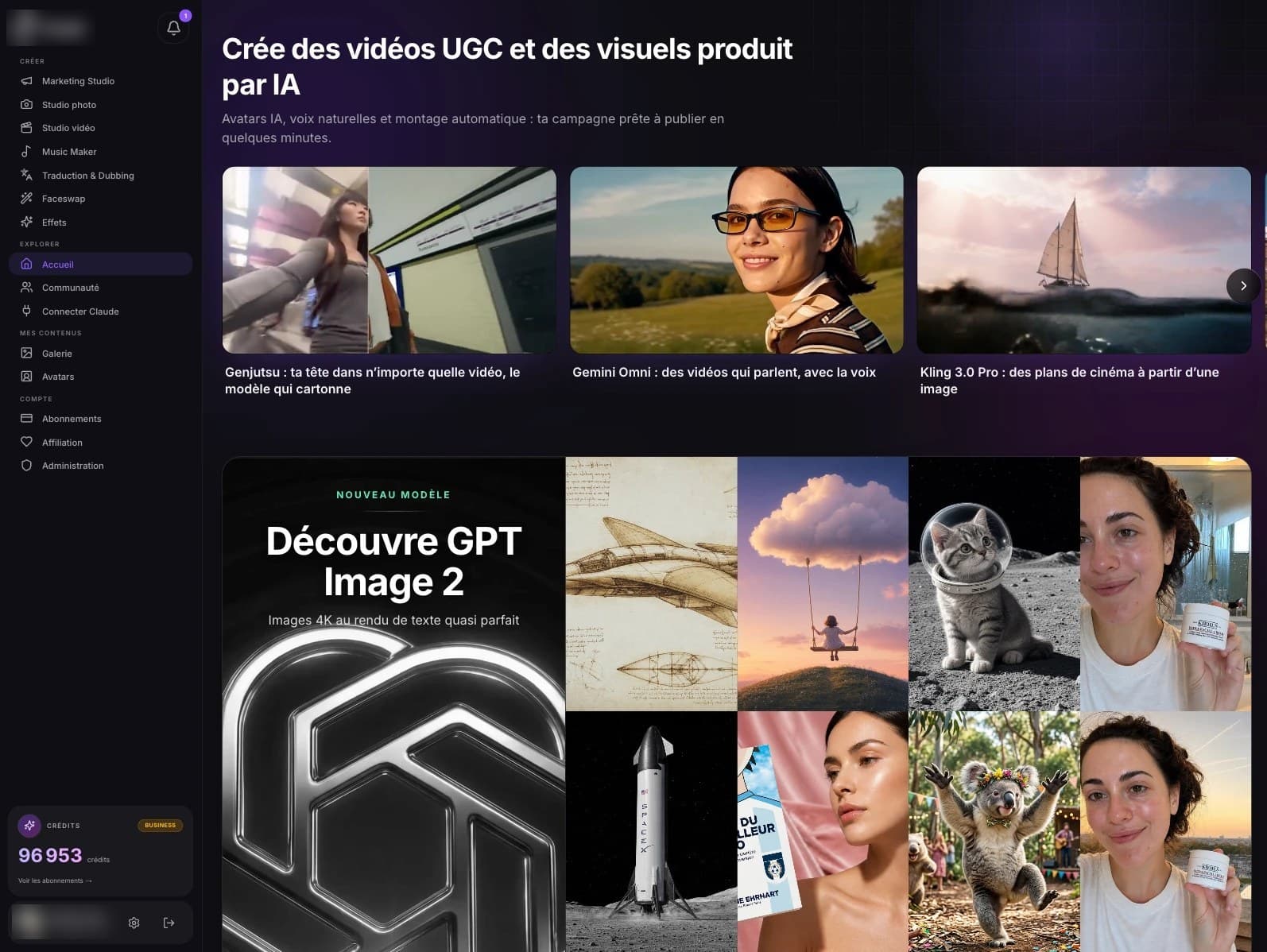 Interface d'un SaaS de création de vidéos et de visuels par IA : menu des studios, galerie de modèles et de créations