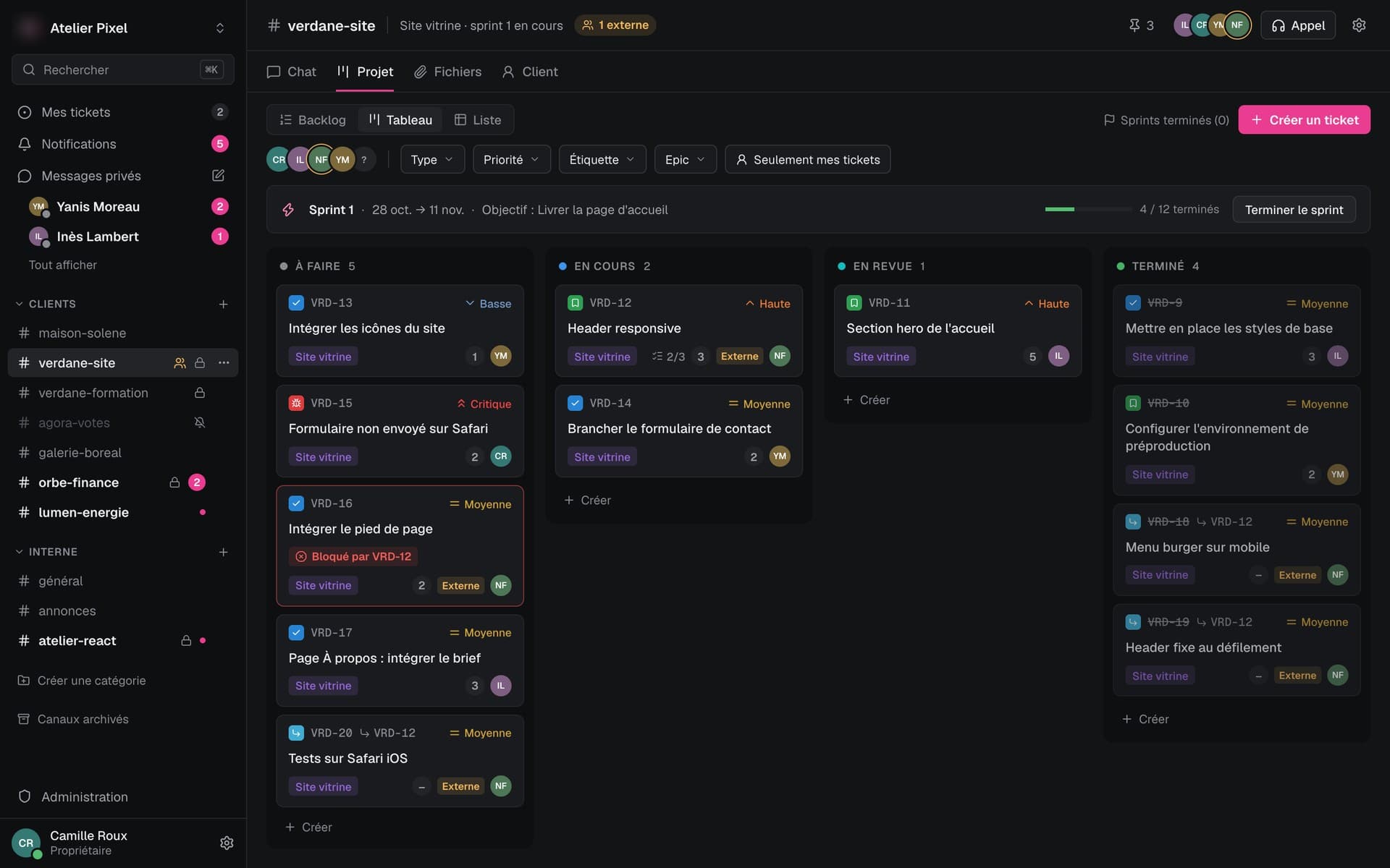 Synkro : le tableau d'un projet et ses tâches